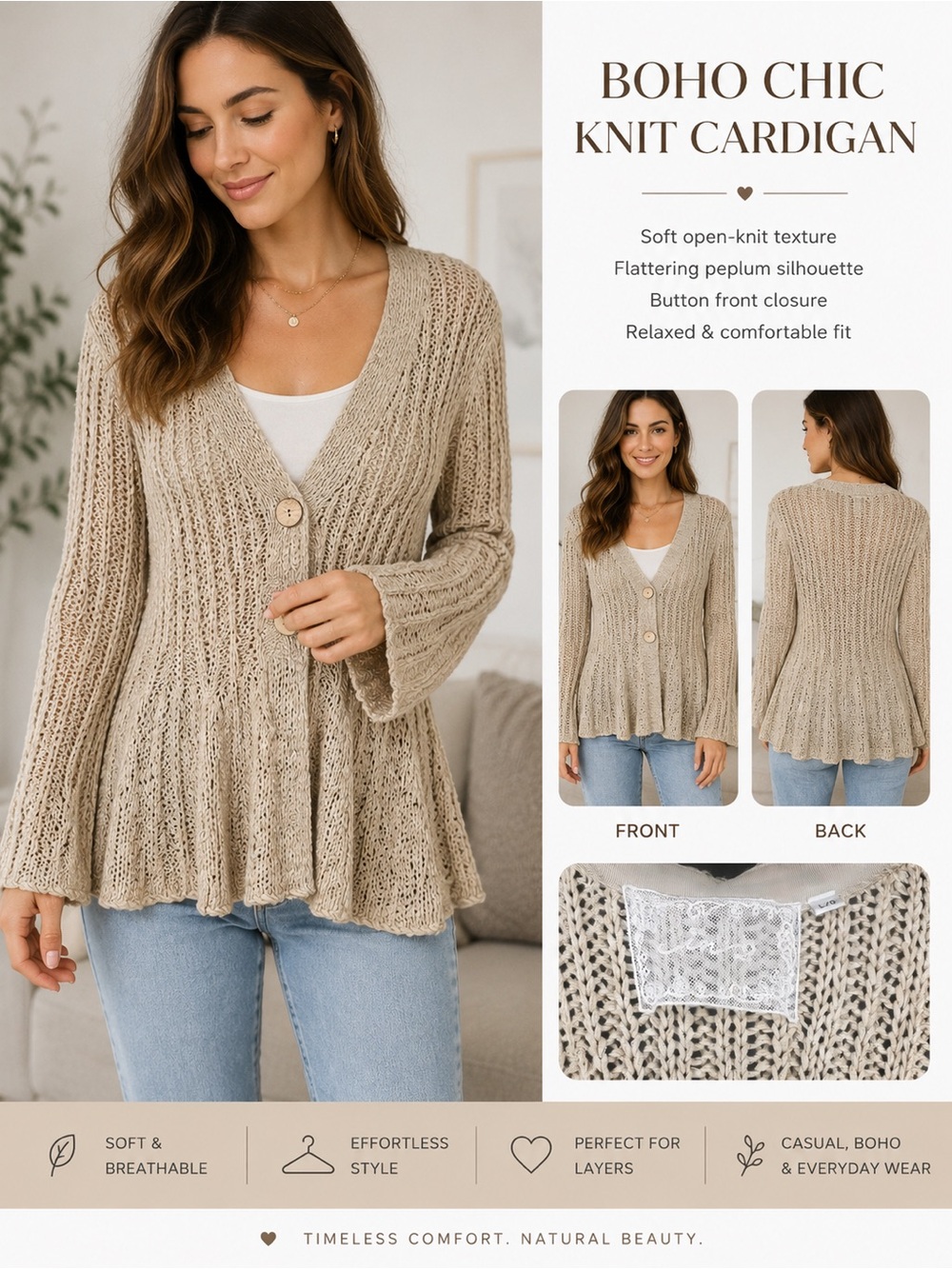 Boho Chic Knit Cardigan - Beige Open-Knit Peplum Sweater